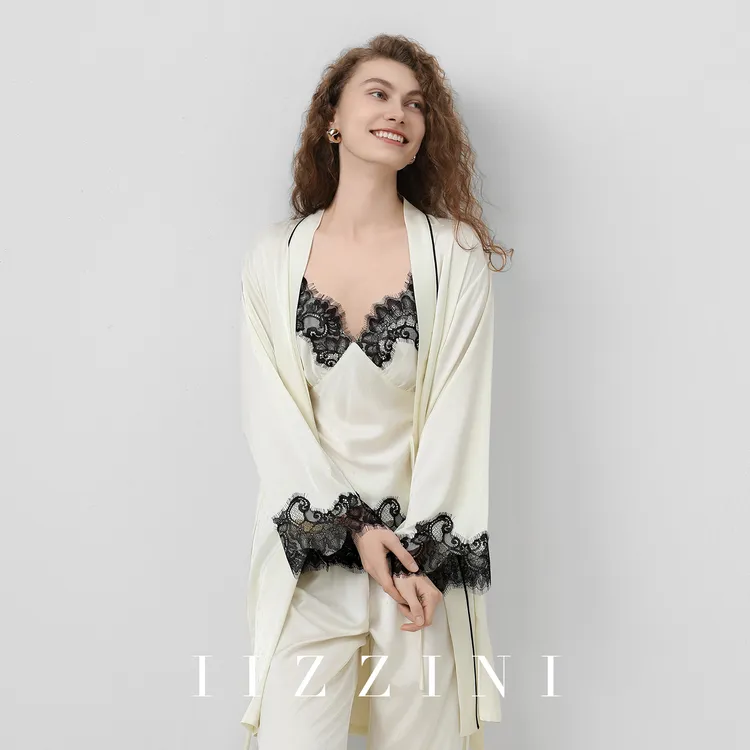 IIZZINI治愈白 睡衣女春秋长袖冰丝简约吊带轻奢风高级感外穿套装