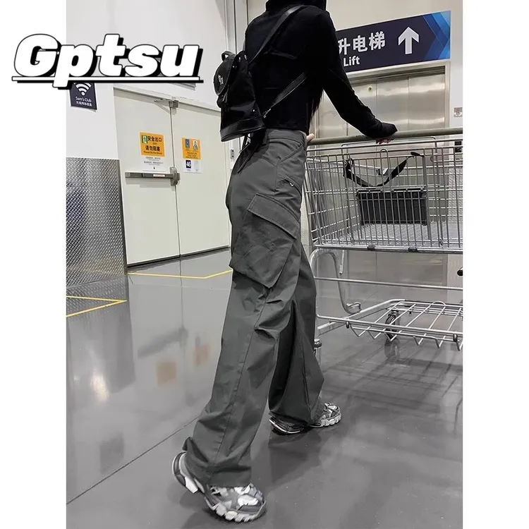 GPTSu美式灰色工装裤女2025春秋新款显宽松阔腿裤直筒休闲运动裤