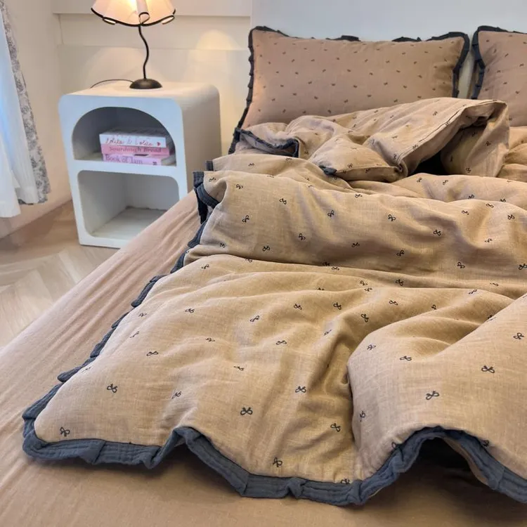 A类法式床上用品四件套棉全棉双层纱被套床单夏床笠宿舍三件套4