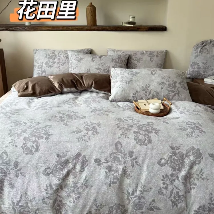 出口韩国古法水洗棉仿原麻加绒宝宝绒保暖四件套床上用品加厚套件