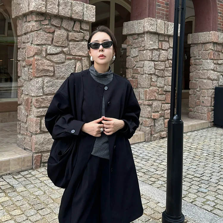 ELSISSI2025秋季圆领廓形长袖外套广州十三行高级感小个子风衣女