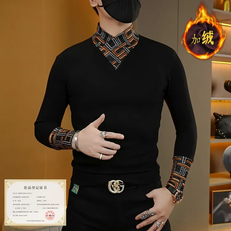 冬季轻奢潮流网红时尚个性百搭男士加绒修身打底衫围巾领长袖卫衣