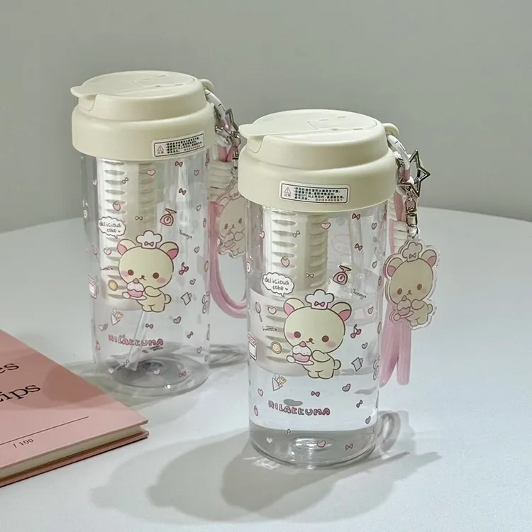 原创塑料吸管带茶漏大容量学生咖啡杯便携水杯联名轻松熊水杯正版