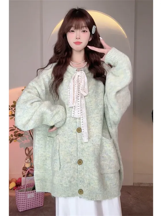 韩系慵懒风软糯蕾丝拼接毛衣外套女秋冬新款宽松显瘦减龄针织开衫