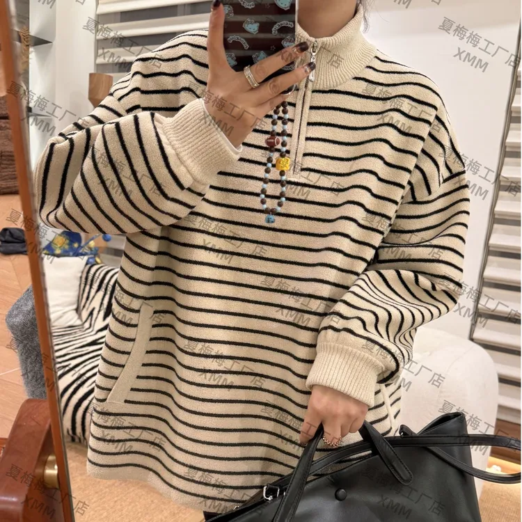 XMM.【蓝粒绒条纹毛衣】冬季长袖休闲宽松慵懒风套头Y11122