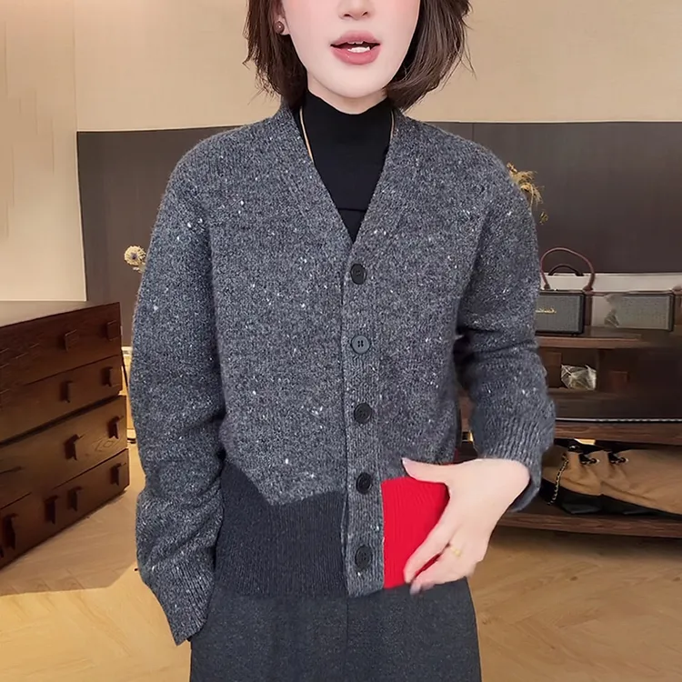 秋冬女灰色V领毛衣外套慵懒高级感洋气减龄显瘦撞色针织开衫上衣