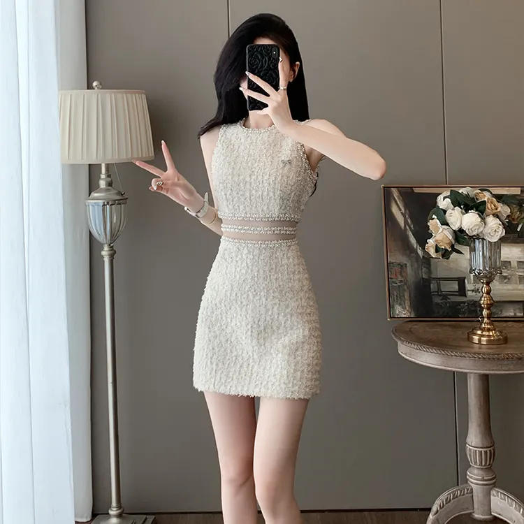 夏季名媛御姐时尚法式轻奢无袖裙子漏腰性感小香风连衣裙女高级感