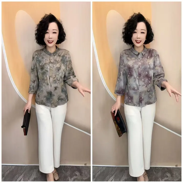 57新款薄款艺术花宽松大码遮肉中老年开衫衬衫上衣衣长64