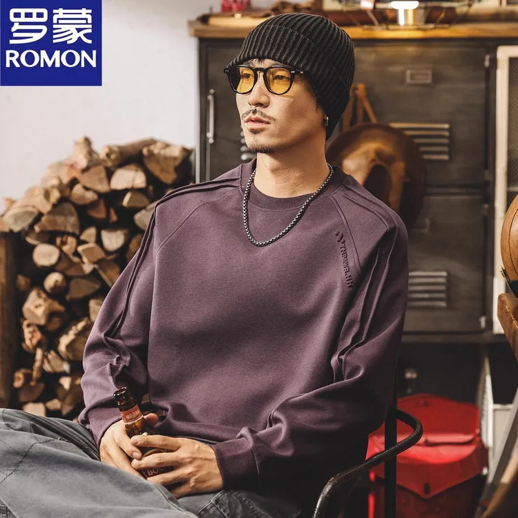罗蒙美式复古重磅t恤男长袖秋季2025新款圆领卫衣男春秋宽松上衣