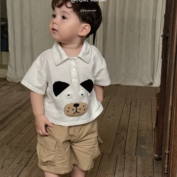 儿童夏装套装2025新款男小童可爱卡通小狗POLO衫大口袋短裤两件套