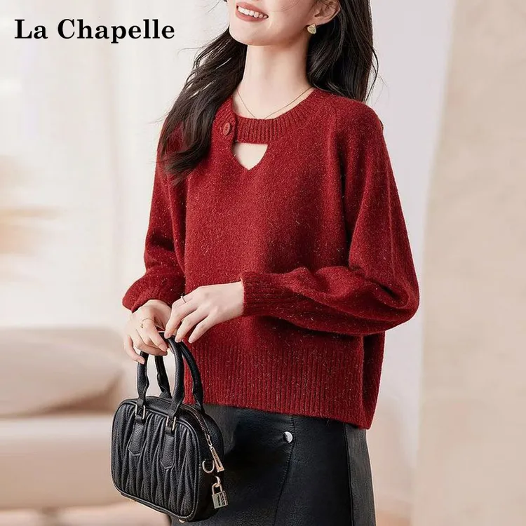 La Chapelle/拉夏贝尔跨年红毛衣女秋冬针织打底衫慵懒风宽松上衣