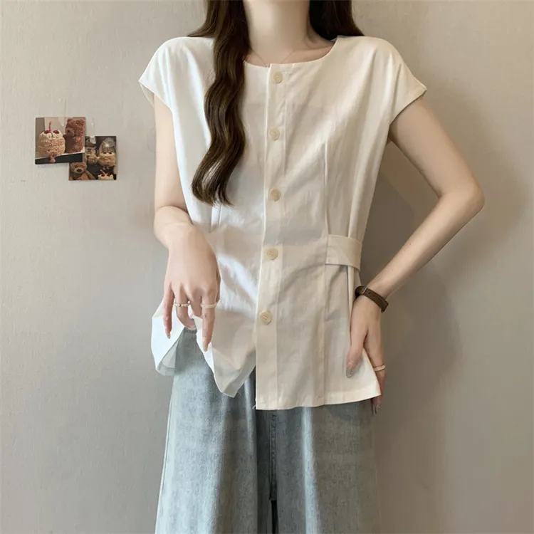 韩系藏蓝色圆领短袖衬衫女2025夏季新款大码胖mm别致收腰遮肚上衣