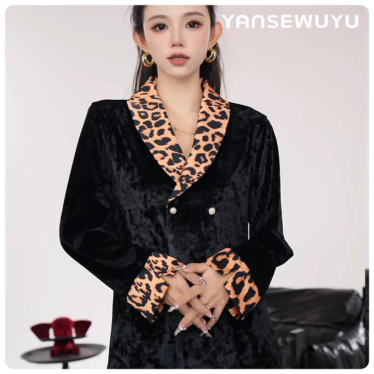 【曜夜影豹】秋冬金钻绒豹纹领口双排扣深黑色轻奢休闲家居服睡衣