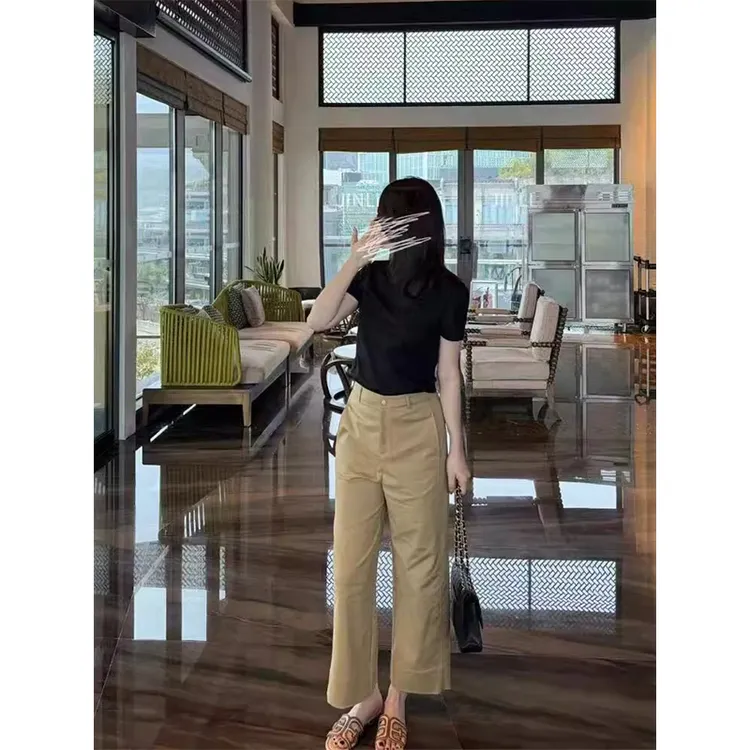 Manman #1154自制夏老钱风卡其色梨型显瘦遮胯直筒九分休闲裤