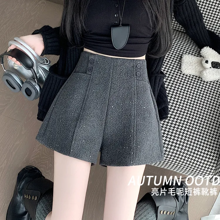 黑色高腰闪亮a字毛呢阔腿短裤女冬款2024新款休闲显瘦女士靴裤子