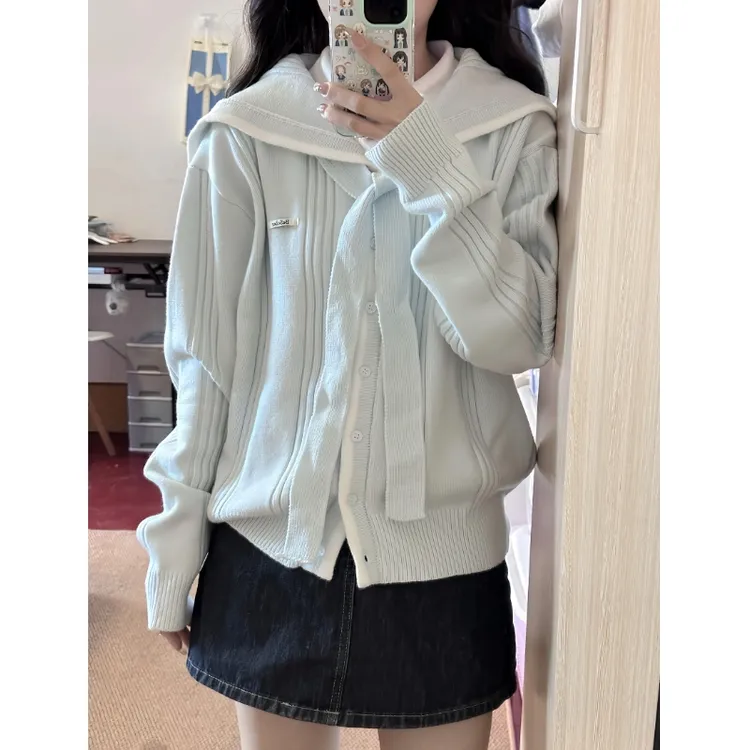 套装女春季韩版新款学院风休闲宽松针织开衫高腰显瘦牛仔裙两件套