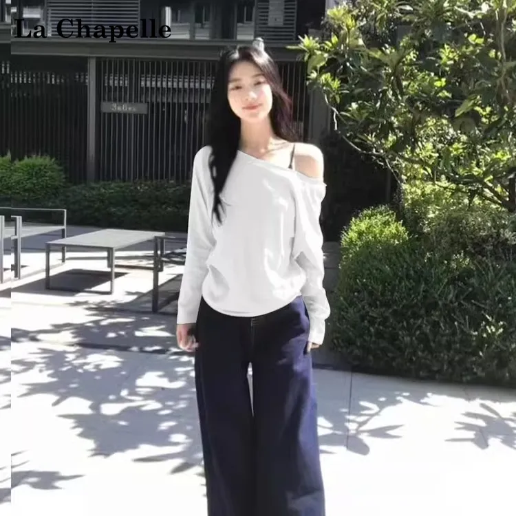 拉夏贝尔斜肩上衣通勤显白慵懒风女装秋长袖t恤气质黑色一字肩T恤