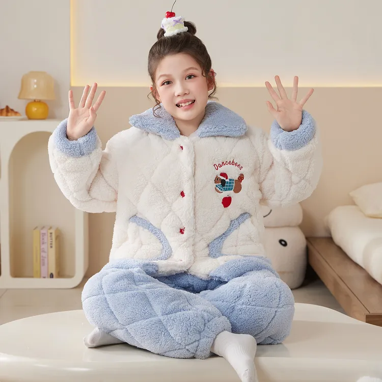 女童三层夹棉长袖卡通中大童家居服秋冬款儿童珊瑚绒加厚保暖睡衣
