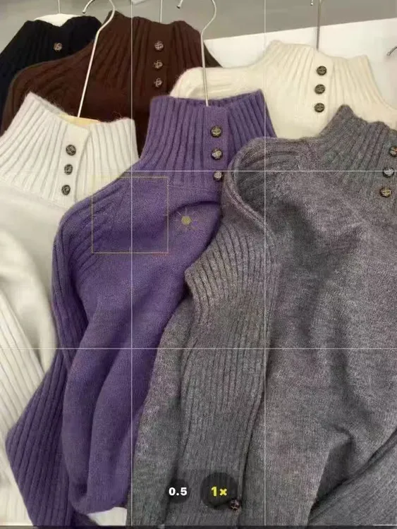 3441【540g正版加厚三粒扣】秋冬新款宽松高领长袖针织衫女毛衣