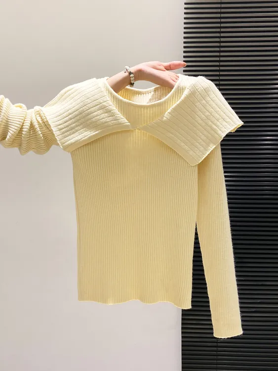 小众独特披肩圆领长袖毛衣针织衫女秋季新款修身短款打底上衣时尚