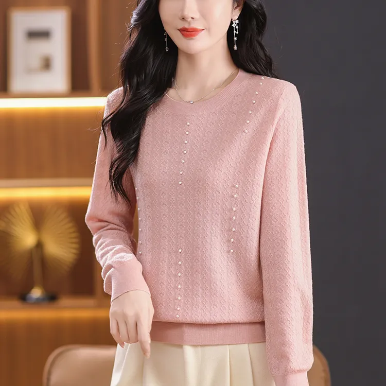 圆领提花钉珠毛衣气质高贵好看女装短款宽松时髦针织打底衫高级感