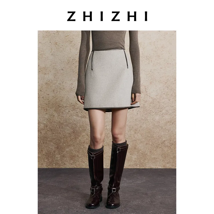 致知 清江曲 全羊毛拼皮边呢料短半裙显瘦气质百搭ZZ2EAWBQ041