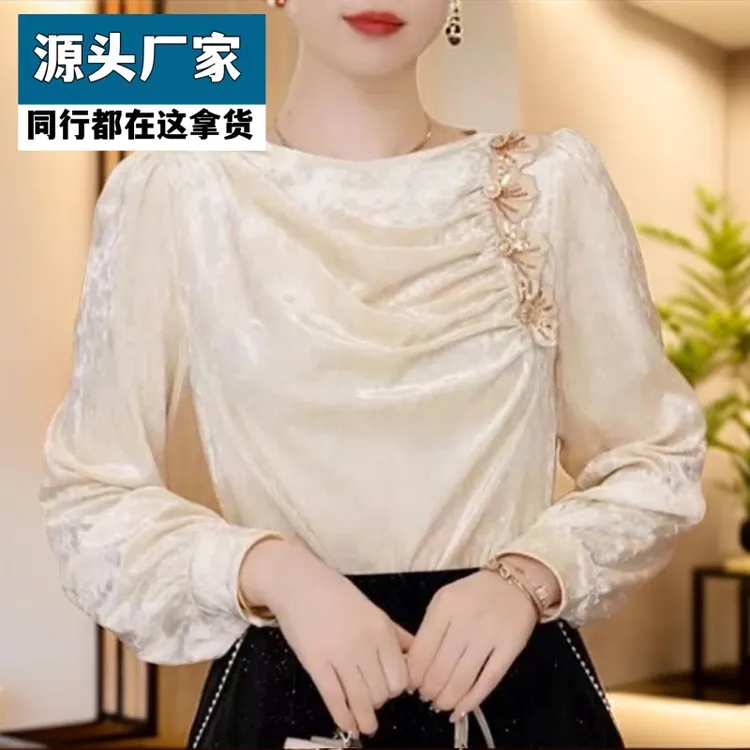 梵乐芬法式气质设计感上衣女秋季洋气别致衬衫时尚打底衫丝绒刺绣