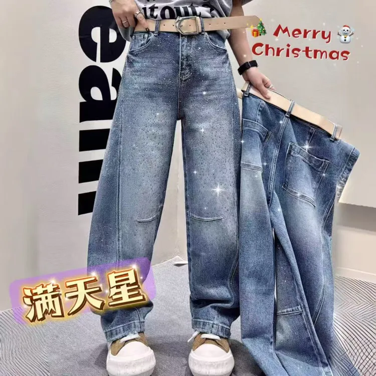 61786满天星烫钻牛仔裤女浅蓝弯刀裤宽松肥腿阔腿拖地裤超火爆款