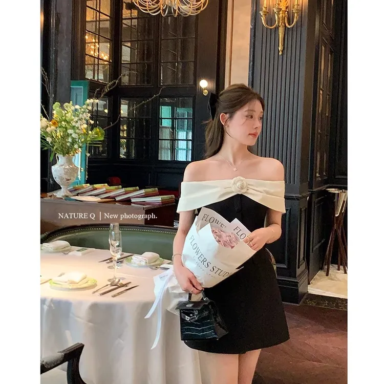 法式千金小香风一字肩连衣裙修身气质女赫本风小礼裙生日礼服裙夏