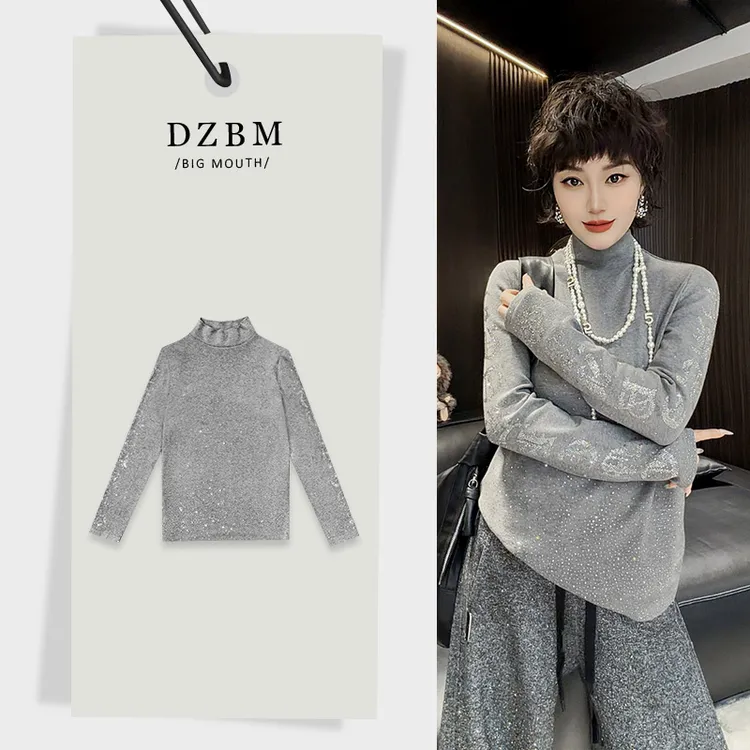 【DZBM】2025冬季新款重工烫钻加绒半高领百搭显瘦上衣打底衫-S5208
