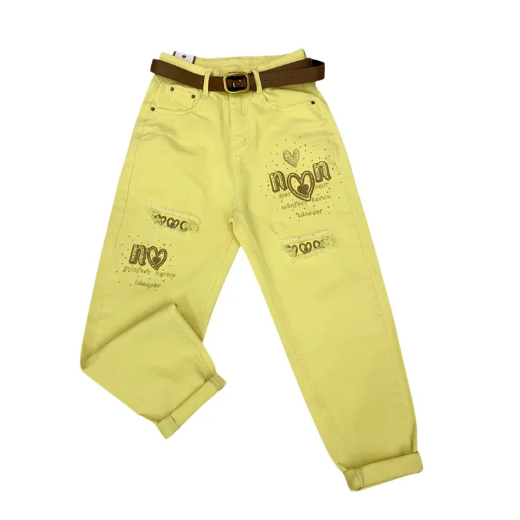 T8793春季新款彩色重工刺绣九分牛仔老爹裤（带腰带样式随机）