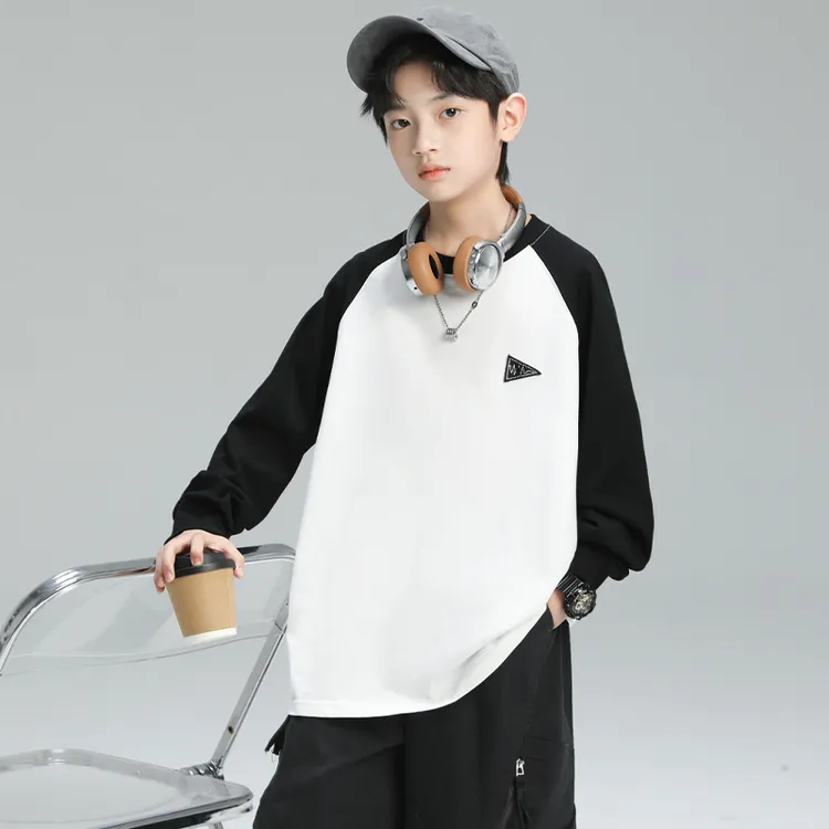 秋款男宝圆领长袖拼色卫衣男童时尚休闲打底衫中大童宽松撞色上衣