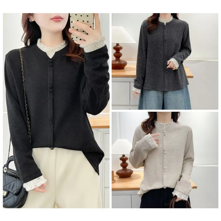 120-200斤大码女装胖mm秋冬内搭加厚保暖蕾丝花边长袖T恤打底衫