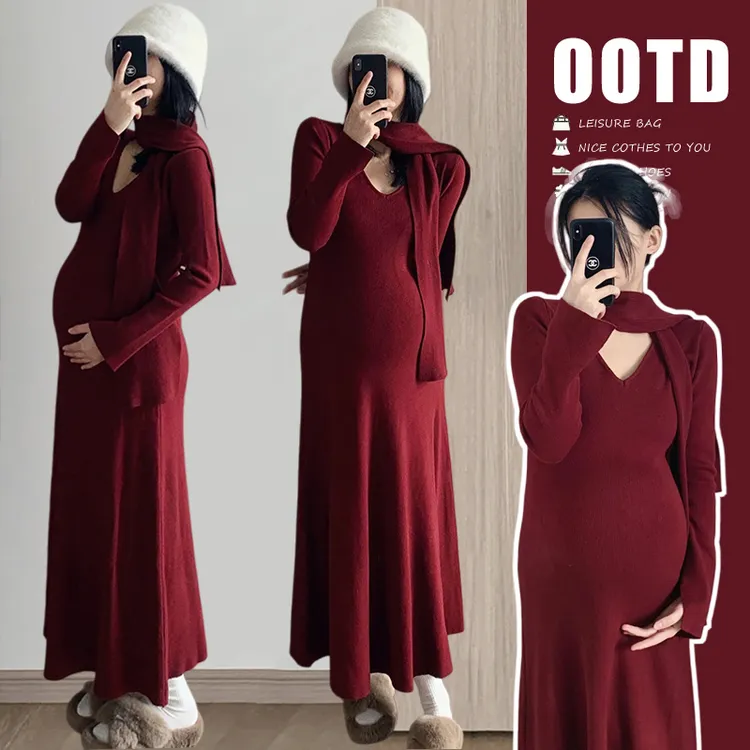 气质时髦法式v领设计感孕妇连衣裙秋冬新款高级感针织弹力连衣裙