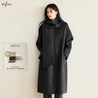 伊芙丽圆领不规则骆驼绒毛呢外套女2025秋冬新款长大衣1G9970171W