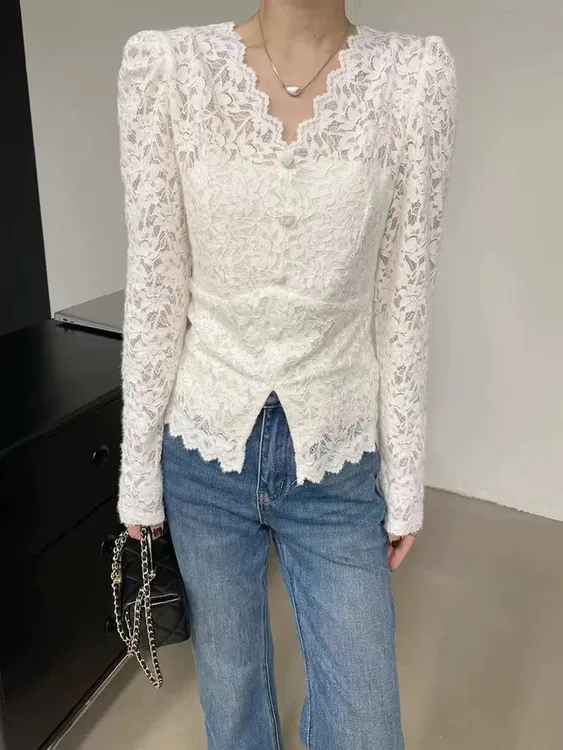 【秋冬新款】MT’ 水貂绒V领蕾丝上衣‘  气质修身显瘦法式长袖打底衫
