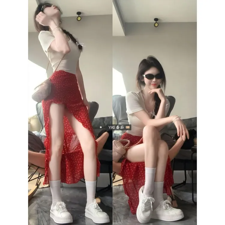 气质套装女红色碎花开叉包臀半身裙子夏白色短袖T恤上衣