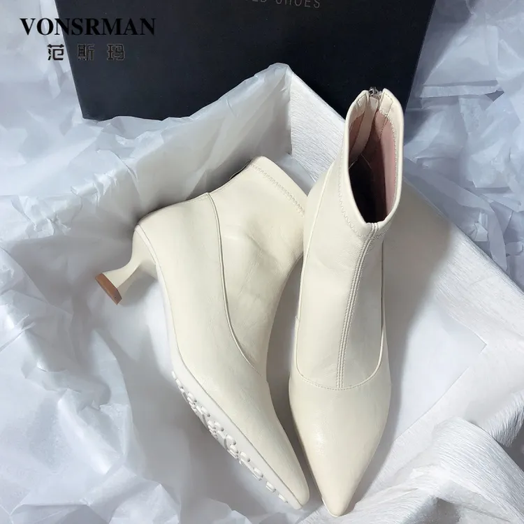 范斯玛 百搭侧拉链简约尖头高跟高端弹力靴显瘦舒适细跟短靴女