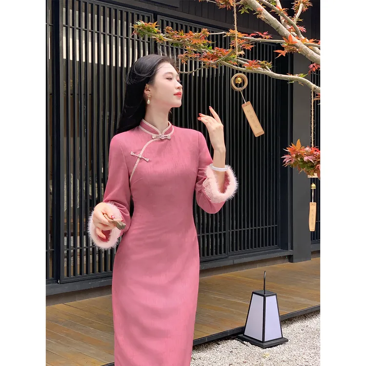 凌茜恣禾【胭棠】国风新中式毛绒拼接长袖立领连衣裙复古改良旗袍裙