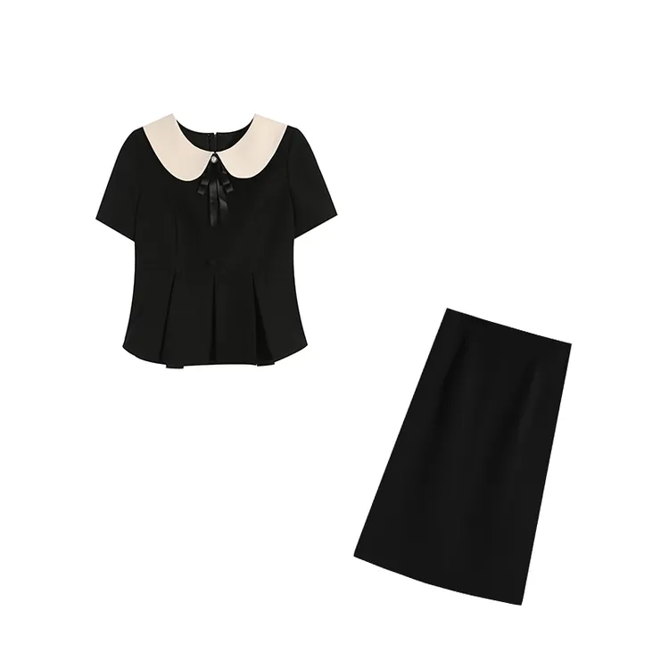 【黑珍珠】黑色显瘦上衣+长半裙两件套ZL109356