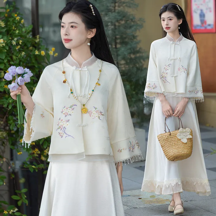 新中式国风禅意茶服套装女春秋季复古盘扣流苏袖口汉服上衣半身裙