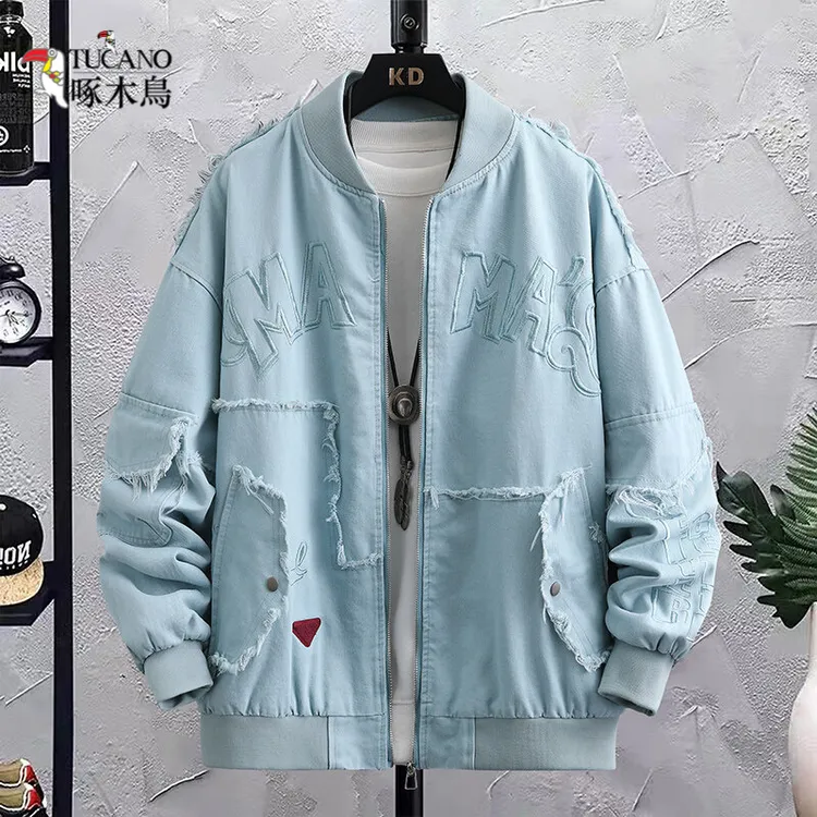 啄木鸟春季潮牌宽松拼接牛仔外套男高级炸街痞帅复古港风百搭棒球