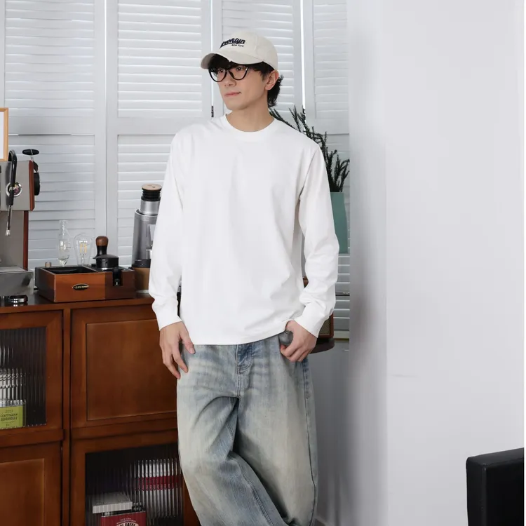 重磅美式秋冬圆领长袖打底衫t恤男纯棉柔软复古休闲简约纯色内搭