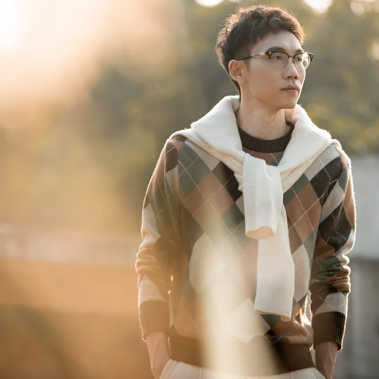 曼辰manchenh"针织方程"原版色纺纱10色菱格挂毛针织上衣