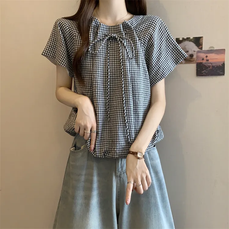 卡莲格/大码女装衬衫设计感系带花苞褶皱上衣夏季甜美风遮肉短袖