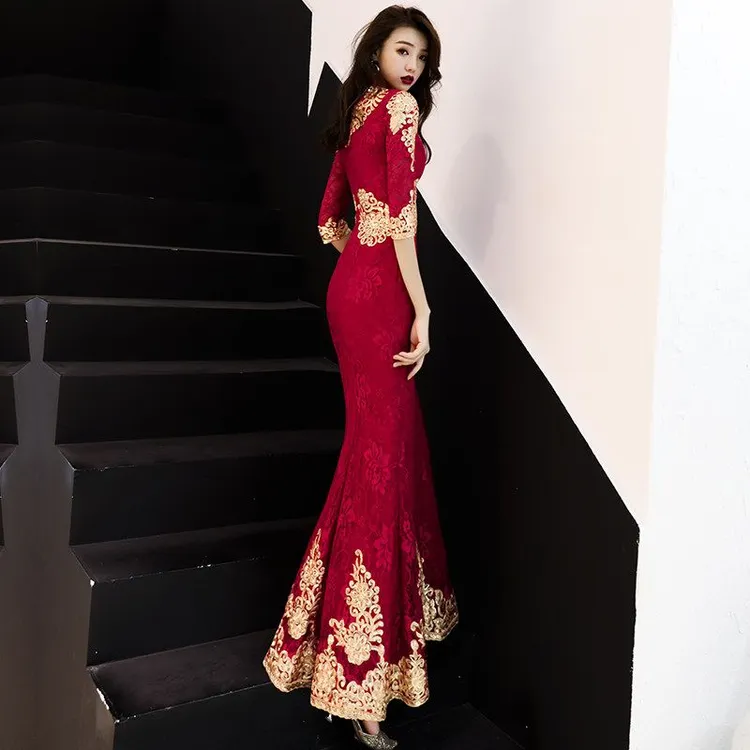 红色中国风长款旗袍新娘夏款鱼尾敬酒服晚礼服女立领七分袖聚酯纤