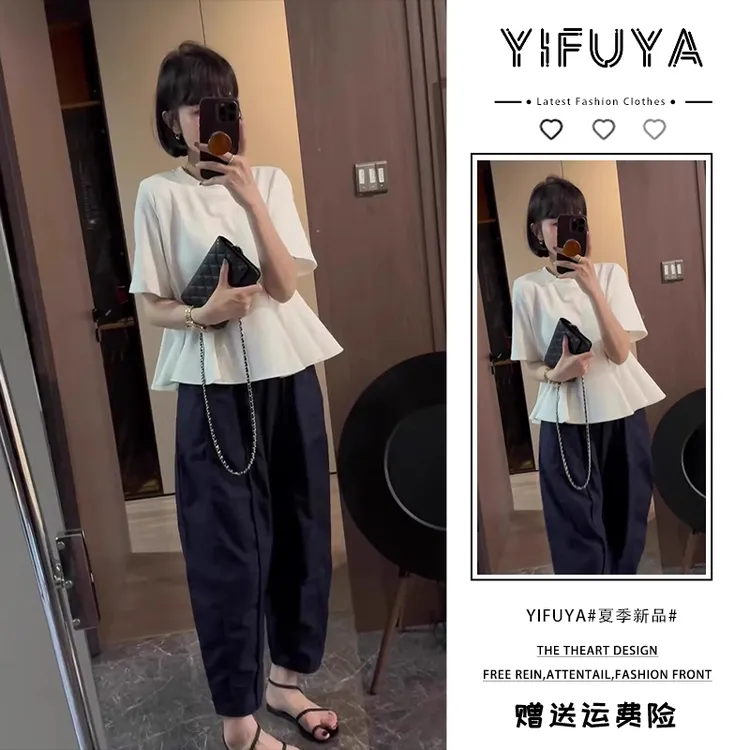 微胖女生穿搭显瘦遮肉套装高级感白色荷叶边上衣阔腿裤两件套夏装