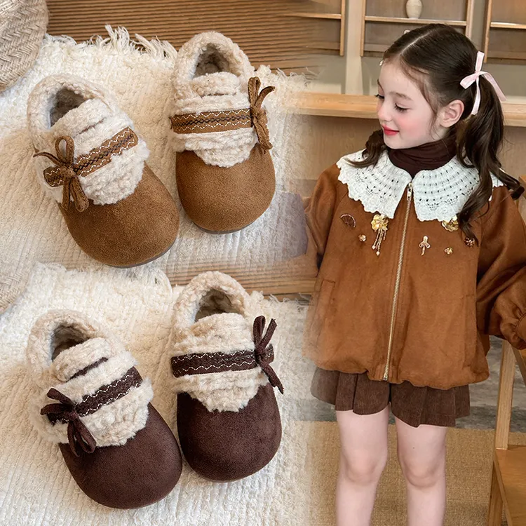 韩版勃肯鞋加绒刺绣蝴蝶结女童2025冬季新款百搭棉鞋51123