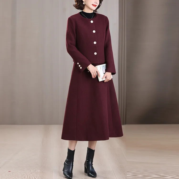 喜婆婆时尚小香风婚宴装新款礼服冬装毛呢外套背心连衣裙套装女秋