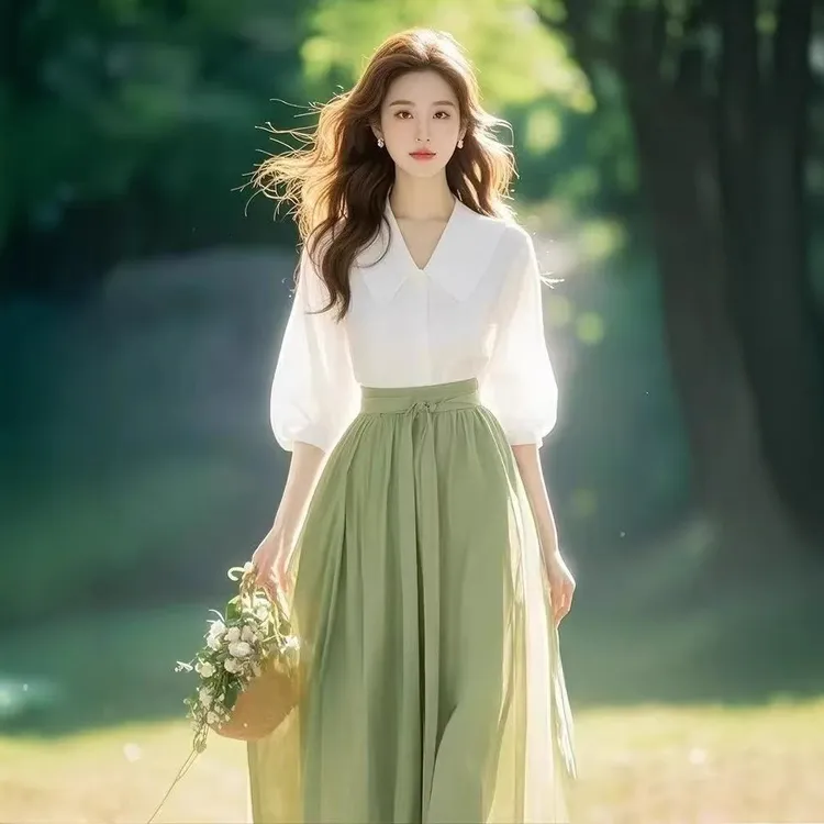小清新一整套森系穿搭显瘦气质漂亮独特绿色衬衫半裙纸巾初诺纸巾